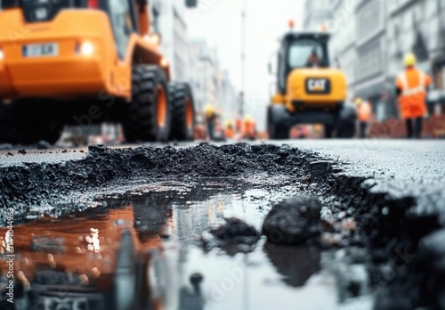 Pothole repair on a city street, with a road under construction and heavy machinery and workers in the background.