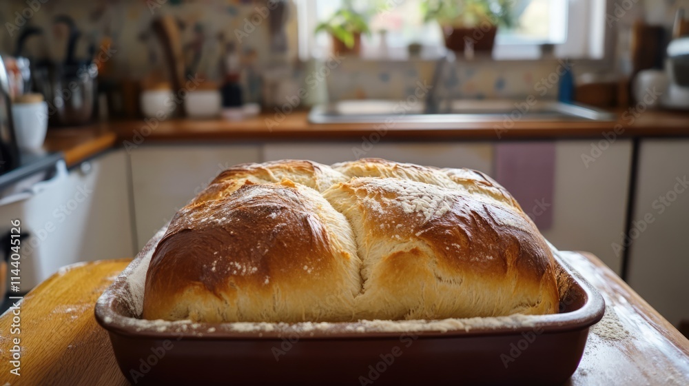 Homemade freshly baked bread in a cozy kitchen setting on a wooden countertop with natural light streaming in. Homemade freshly baked bread in a cozy kitchen setting on a wooden countertop with natural light streaming in.