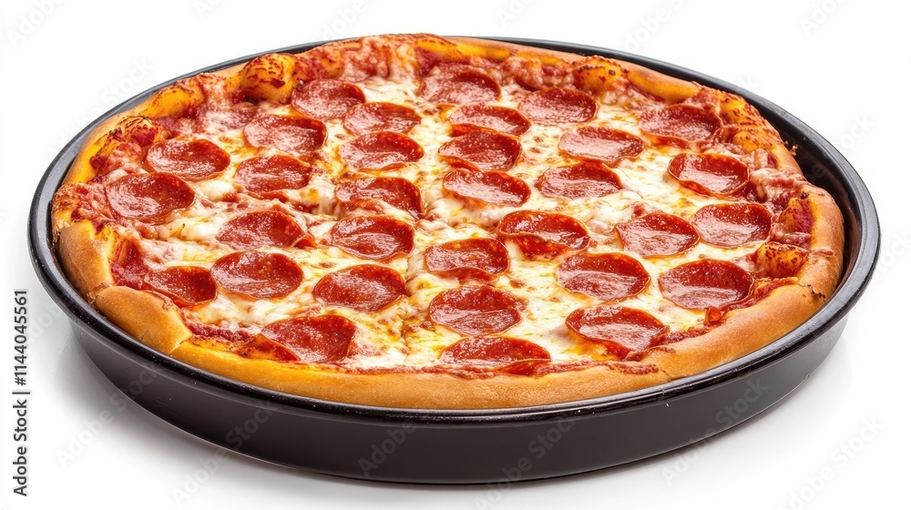 Delicious fresh baked pepperoni pizza on a black dish ready to be served for a delightful meal experience. Delicious fresh baked pepperoni pizza on a black dish ready to be served for a delightful meal experience.