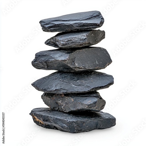 A photostock of glossy black volcanic rocks stacked symmetrically, isolated on a clean white background, rugged and bold, High Quality photo