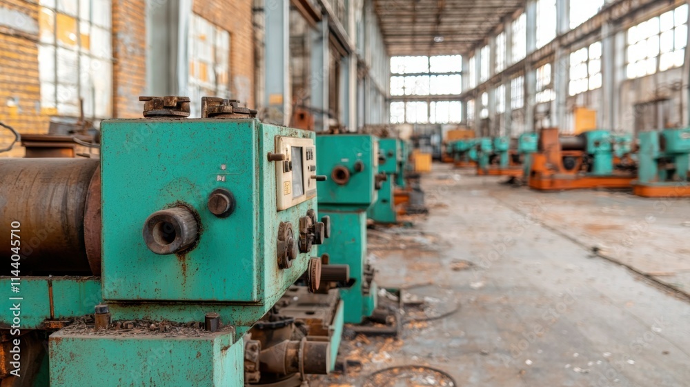Fototapeta premium Abandoned industrial workshop with old machinery and equipment.