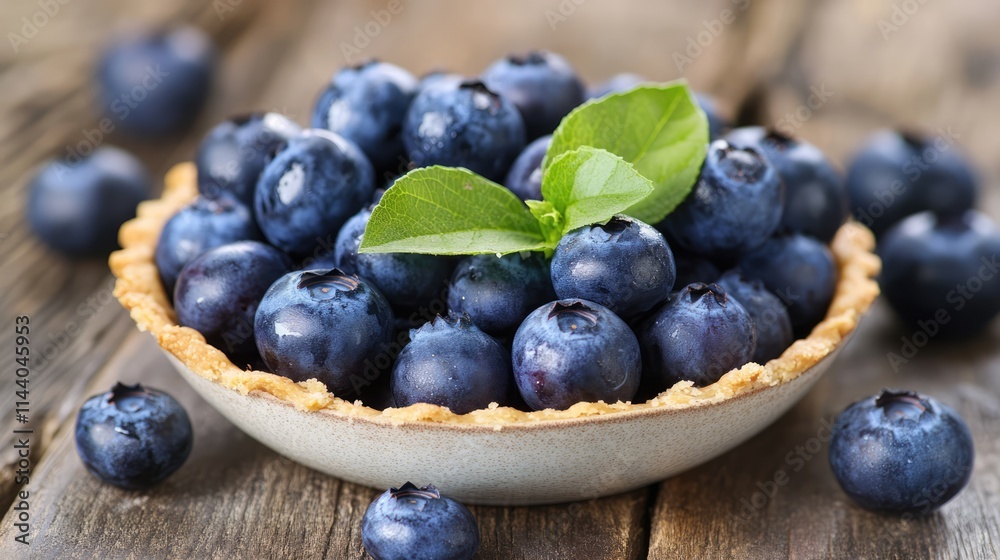 Blueberry tart filled with fresh blueberries garnished with mint leaf on a rustic wooden background perfect for dessert concepts Blueberry tart filled with fresh blueberries garnished with mint leaf on a rustic wooden background perfect for dessert concepts