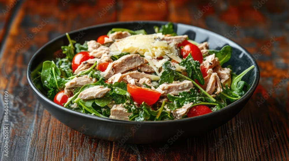 Healthy Caesar tuna salad with fresh ingredients like spinach, cherry tomatoes, and parmesan served in a rustic bowl on wooden background Healthy Caesar tuna salad with fresh ingredients like spinach, cherry tomatoes, and parmesan served in a rustic bowl on wooden background
