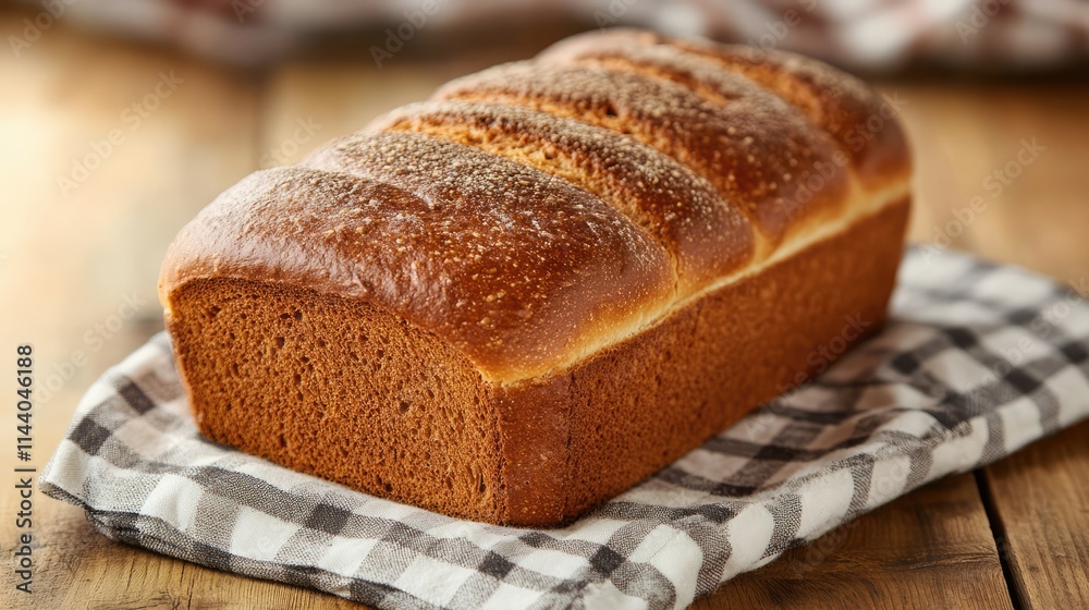Golden brown fresh loaf of bread resting on a checkered napkin atop a rustic wooden table surface for a cozy kitchen vibe Golden brown fresh loaf of bread resting on a checkered napkin atop a rustic wooden table surface for a cozy kitchen vibe