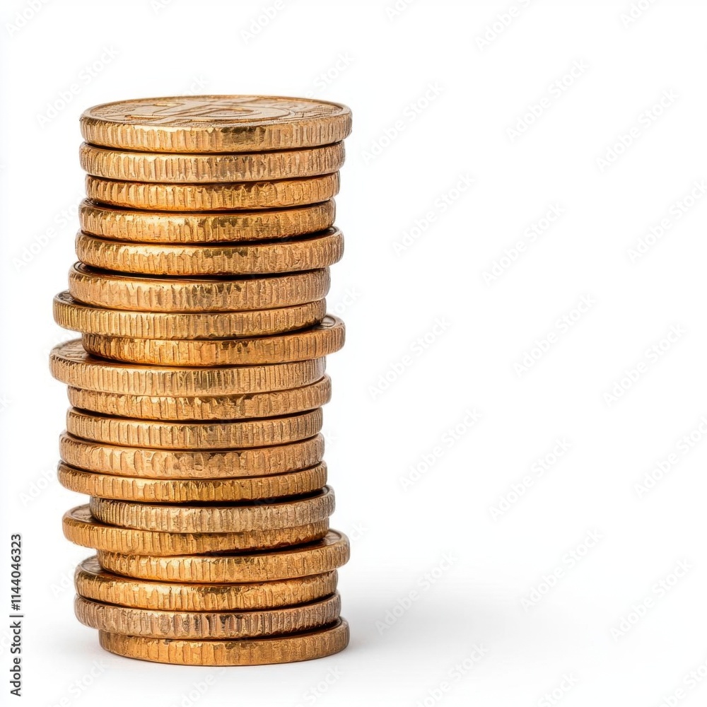 A photostock of golden coins stacked in varying heights and scattered artistically, isolated on a clean white background, rich and luxurious, High Quality