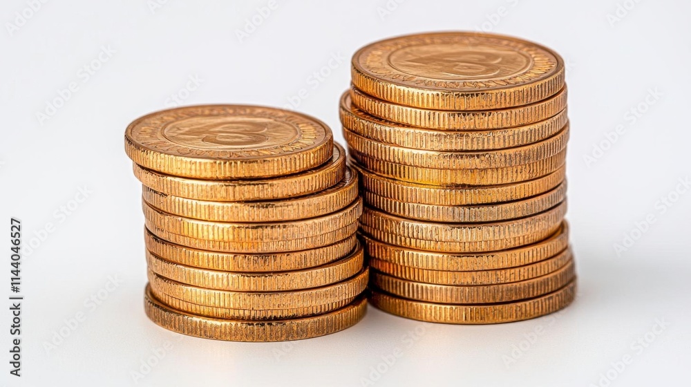 A photostock of golden coins stacked neatly in piles with shiny reflective details, isolated on a clean white background, rich and detailed, High Quality