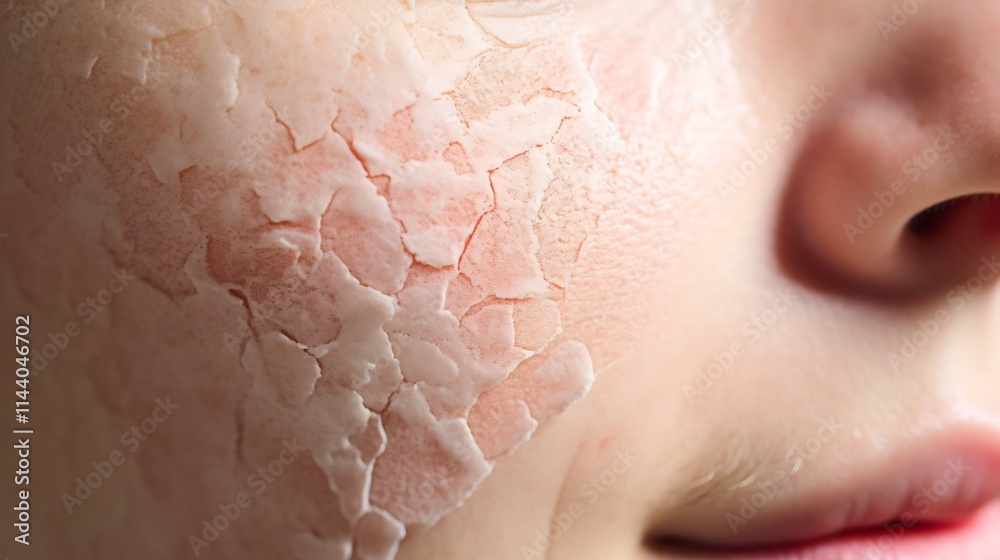 Fototapeta premium Macro closeup shot of a skin patch affected by eczema condition on a person s cheek showing the detailed texture redness and inflammation of the irritated dry and itchy skin area