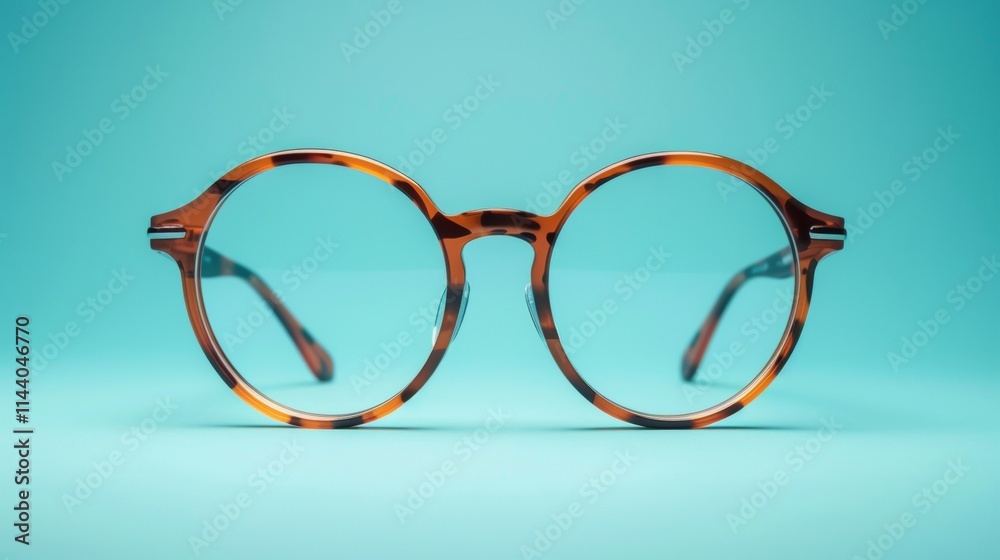 Fototapeta premium Stylish round glasses with a tortoiseshell frame on blue background
