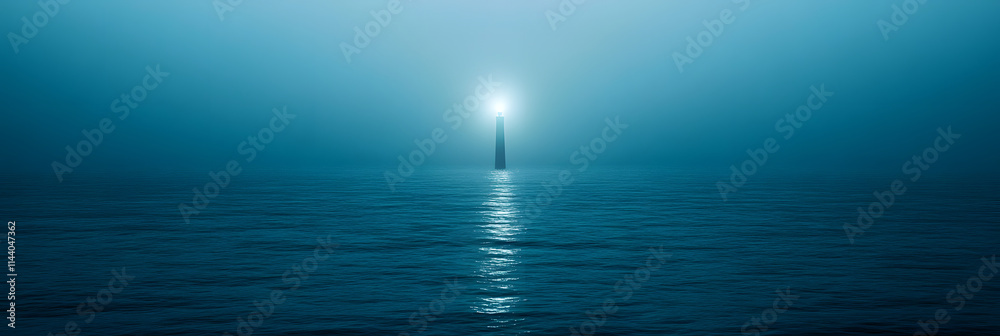 Obraz premium Lone lighthouse glowing in misty ocean at night guiding light in darkness serene sea landscape peaceful maritime beacon atmospheric fog mysterious dreamy nautical theme