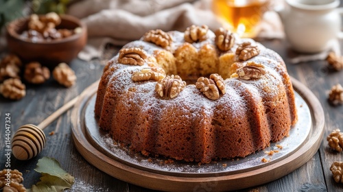 Delicious autumn walnut cake adorned with honey and nuts on wooden table with rustic decor and warm lighting photo