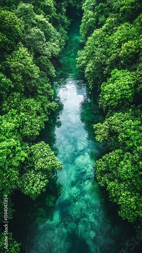 Vibrant Green Foliage Frames Glassy River Flowing Through Untouched Forest Landscape