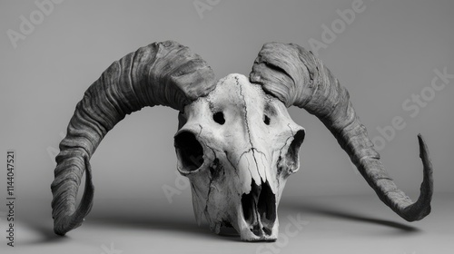 Aesthetic Goat Skull with Curved Horns on Neutral Background for Artistic and Natural History Themes photo