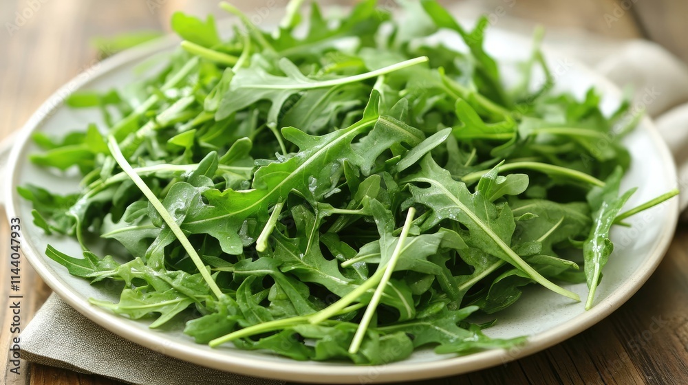 Fresh arugula salad beautifully arranged on a white plate showcasing vibrant green leaves on a rustic wooden table setting. Fresh arugula salad beautifully arranged on a white plate showcasing vibrant green leaves on a rustic wooden table setting.