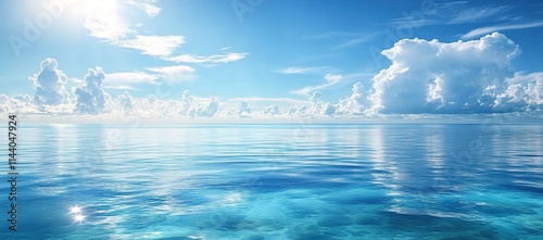 A serene ocean scene with clear blue waters, white clouds in the sky, and sunlight reflecting on the water's surface. photo