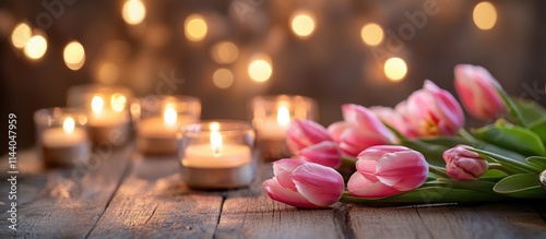 Pink tulip blossoms with illuminated candles on rustic wooden backdrop creating a warm and inviting ambiance for spring celebrations