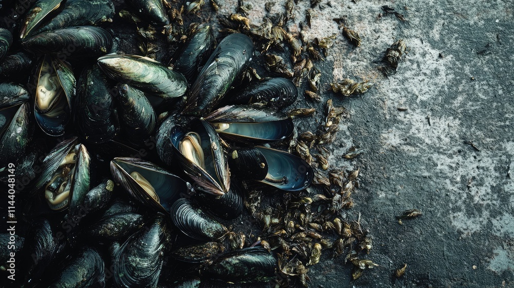 Raw green mussels arranged on a textured surface with scattered shells and sea debris showcasing seafood freshness and culinary potential. Raw green mussels arranged on a textured surface with scattered shells and sea debris showcasing seafood freshness and culinary potential.