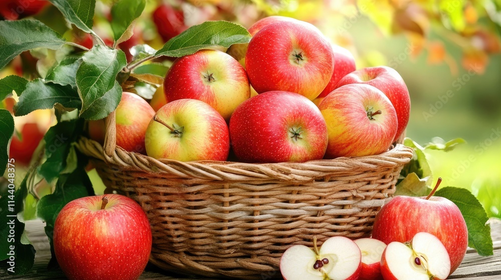 Ripe red apples in a woven basket surrounded by green leaves and fresh cut apples on a rustic wooden table in natural sunlight Ripe red apples in a woven basket surrounded by green leaves and fresh cut apples on a rustic wooden table in natural sunlight