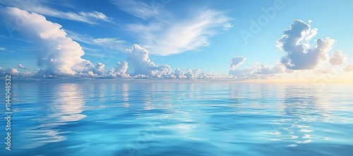 A serene ocean scene with clear blue waters, white clouds in the sky, and sunlight reflecting on the water's surface photo