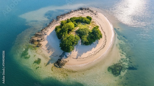Aerial view of Goat Island featuring lush greenery surrounded by calm waters and sandy shores in a picturesque coastal setting.