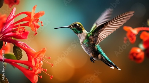 Captivating Image of a Hummingbird Gracefully Hovering and Drinking Nectar from a Bright Red Flower in Midair Showcasing the Delicate Beauty and Precision of Nature