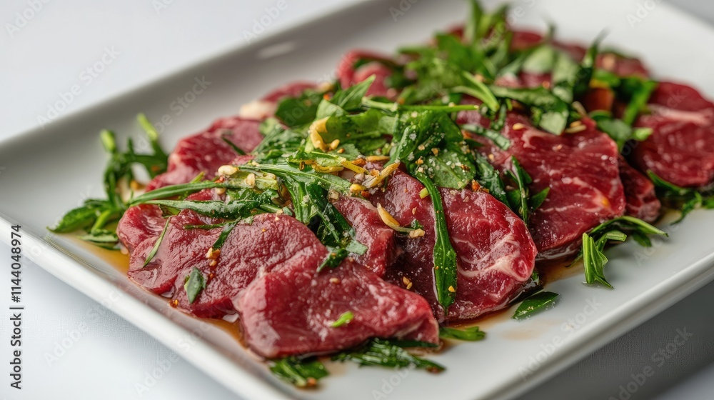 fresh raw beef steak dressed with vibrant green herbs and a flavorful marinade on a clean white platter fresh raw beef steak dressed with vibrant green herbs and a flavorful marinade on a clean white platter