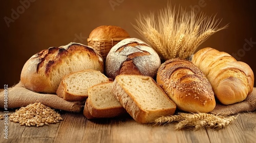 Freshly baked bread assortment with wheat on rustic wooden table showcasing traditional baking and natural ingredients.