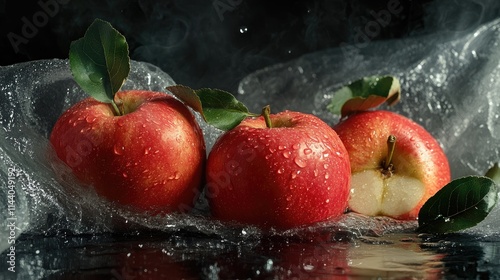 juicy red apples with water drops on dark background showcasing freshness and natural beauty of fruit photo