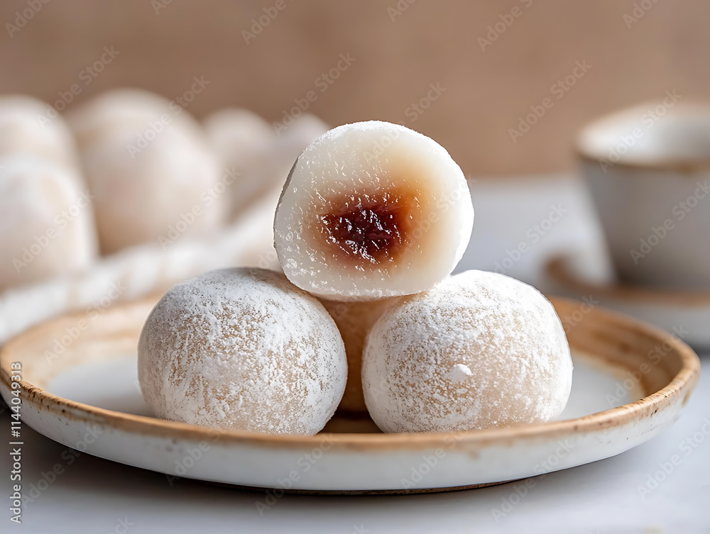 Delicate Japanese Mochi: A trio of pillowy mochi, dusted with powdered sugar, reveal a sweet, red bean paste filling Delicate Japanese Mochi: A trio of pillowy mochi, dusted with powdered sugar, reveal a sweet, red bean paste filling
