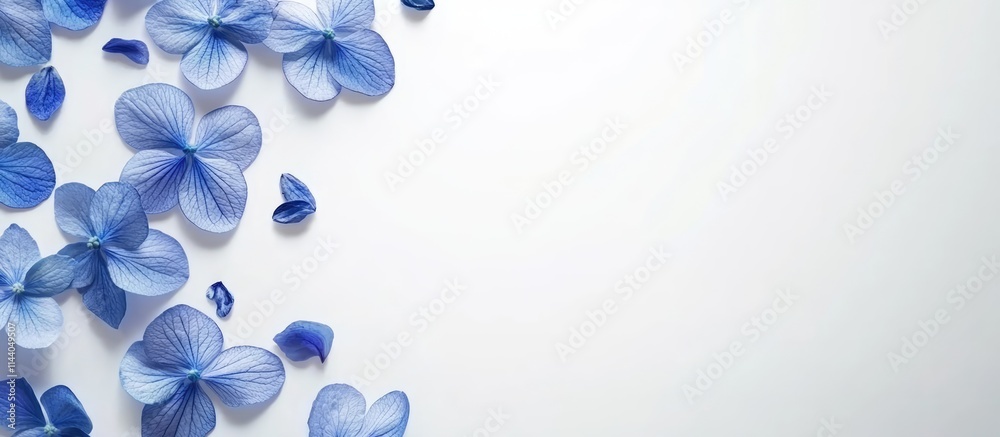 Elegant blue flowers scattered on a clean white background creating a serene festive floral composition with ample blank space for design. Elegant blue flowers scattered on a clean white background creating a serene festive floral composition with ample blank space for design.