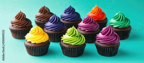 Rainbow frosted chocolate cupcakes arranged in a vibrant display against a striking teal background for a fun and festive dessert concept