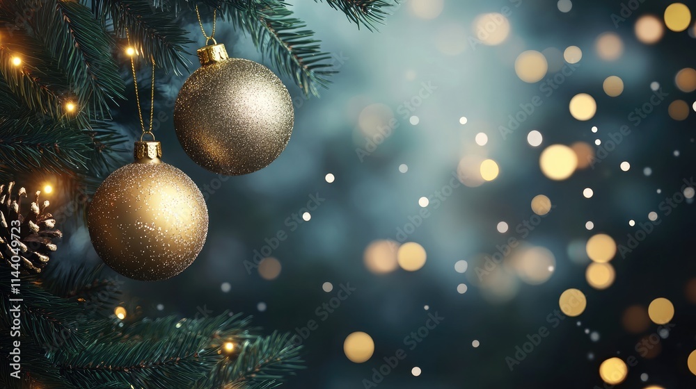 Gold Christmas baubles on a pine tree with a blurred night light background creating a festive atmosphere for text overlay and holiday designs