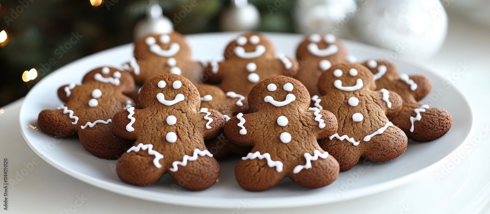 Gingerbread cookies shaped like cheerful figures served on a white plate for festive holiday celebrations