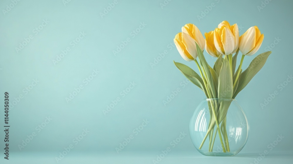 Yellow and white tulips in a clear glass vase against a light blue background. Yellow and white tulips in a clear glass vase against a light blue background.