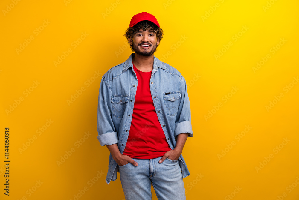 Smiling young male in casual fashion posing against a vibrant yellow background Smiling young male in casual fashion posing against a vibrant yellow background