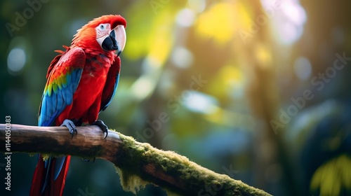 Wallpaper Mural Close up of a vibrant scarlet macaw perched on a branch in a lush tropical rainforest showcasing the bird s stunning plumage and natural habitat Torontodigital.ca