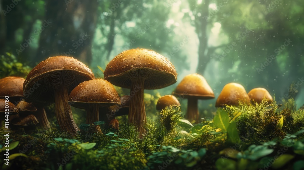 Fototapeta premium Lush forest scene featuring fresh brown mushrooms nestled among vibrant greenery and soft sunlight filtering through trees