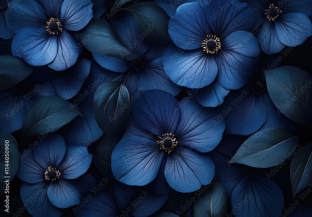 Obraz premium Dark blue flowers, navy blue flower background, dark floral pattern with large petals