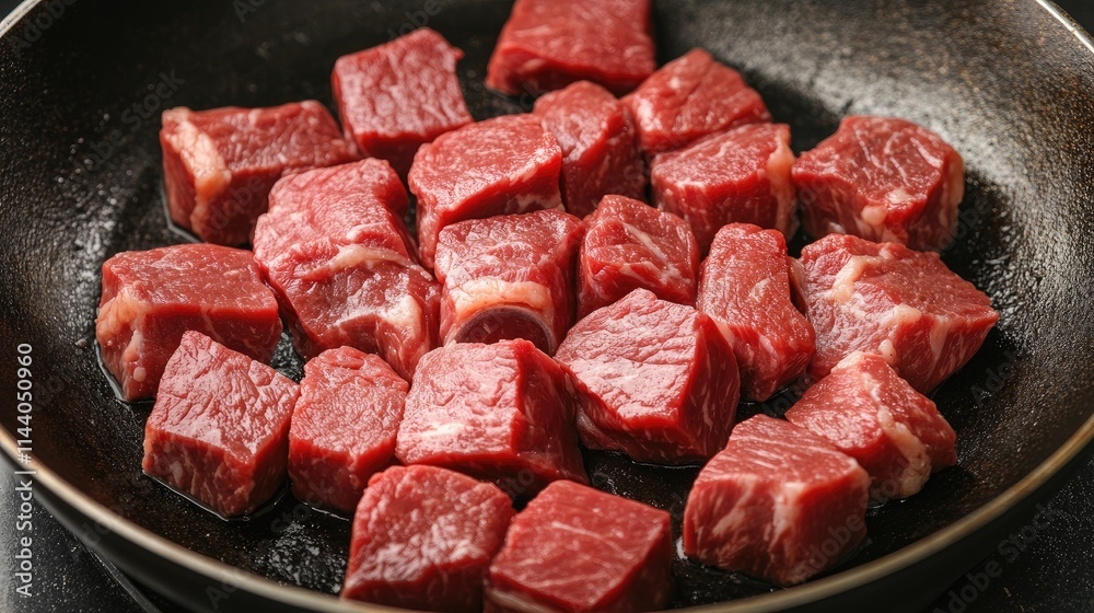 Raw beef cubes sizzling in a frying pan ready for cooking in a delicious meal preparation setting Raw beef cubes sizzling in a frying pan ready for cooking in a delicious meal preparation setting