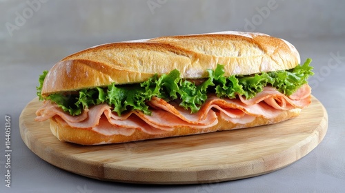 Delicious freshly made sandwich with lettuce and ham served on a wooden cutting board against a neutral background