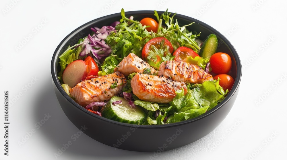 Vibrant bento box salad with grilled salmon, fresh greens, and colorful vegetables arranged on a clean white background for a fresh presentation Vibrant bento box salad with grilled salmon, fresh greens, and colorful vegetables arranged on a clean white background for a fresh presentation