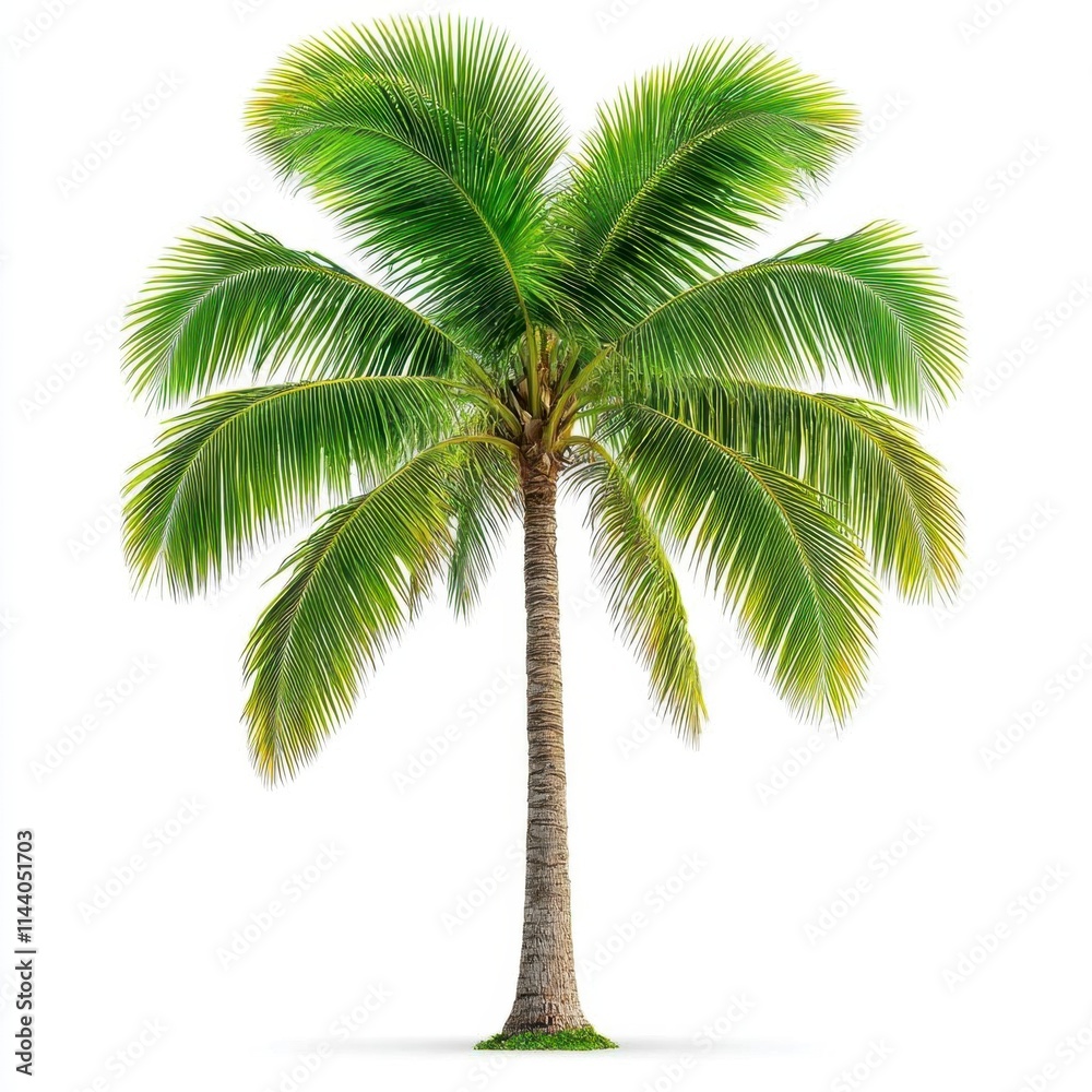 Fototapeta premium A photostock of natural palm trees with curved trunks and green leaves, isolated on a clean white background, tropical and serene, High Quality