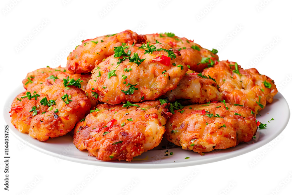 Crispy golden vegetable patties on white plate with parsley garnish isolated on transparent background, PNG image for food concepts