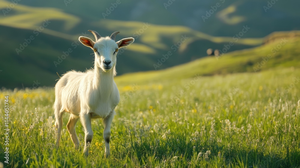 Obraz premium Young goat grazing in a sunlit grassy meadow surrounded by rolling hills on a warm summer day