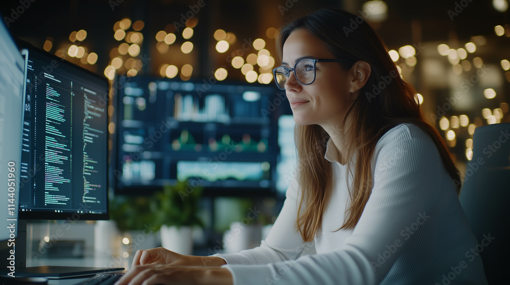 A woman working on a cutting-edge technology project in a modern office space. A woman working on a cutting-edge technology project in a modern office space.