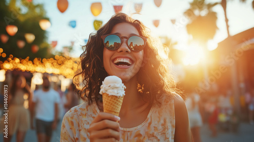A young Latin couple sharing an ice cream cone while strolling through a lively park on a sunny afternoon. 