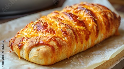 Freshly baked savory cheddar cheese loaf on parchment paper backdrop