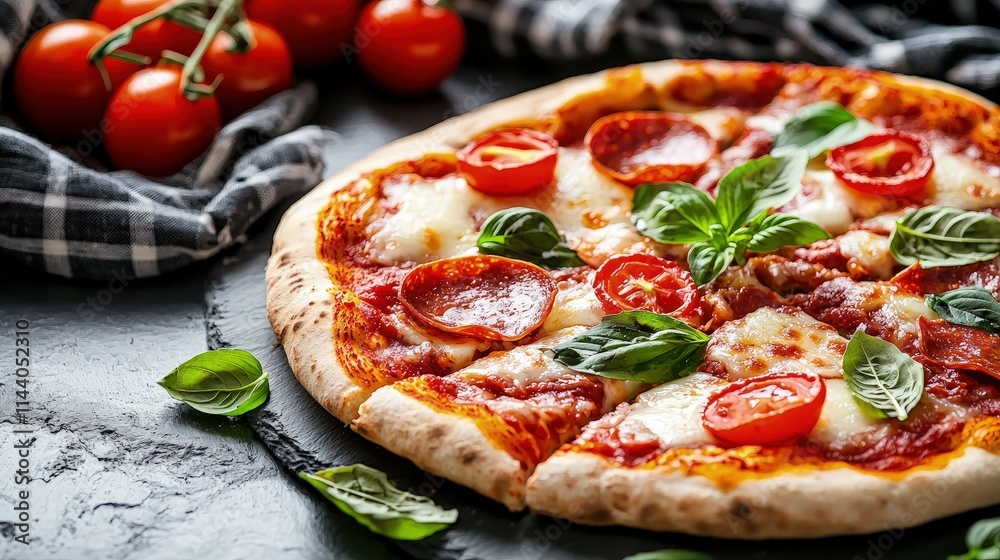 Delicious pepperoni pizza with mozzarella, tomatoes, and basil. Delicious pepperoni pizza with mozzarella, tomatoes, and basil.