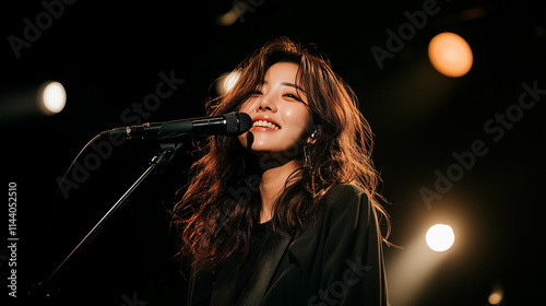 Close-up of a young, beautiful Asian girl passionately singing at the bar.