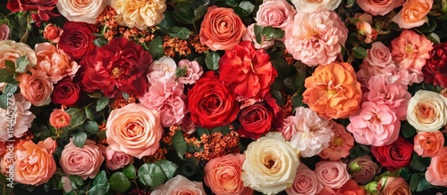 Fototapeta Naklejka Na Ścianę i Meble -  Elegant floral backdrop featuring a vibrant assortment of red, pink, and peach roses complemented by lush green foliage.