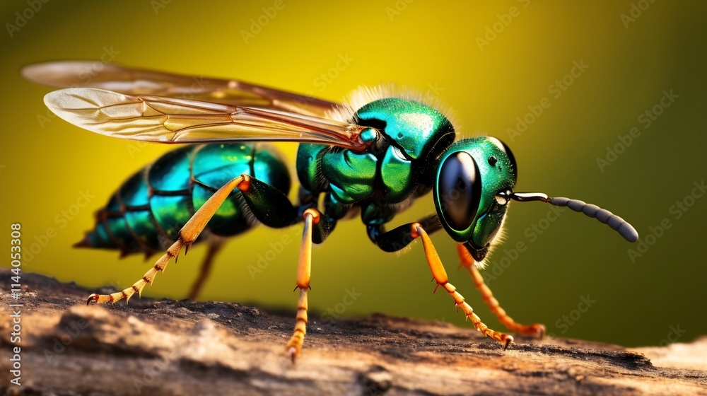 Stunning macro shot of a vibrant emerald jewel wasp perched delicately on a small branch showcasing the insect s intricate details and captivating colors Stunning macro shot of a vibrant emerald jewel wasp perched delicately on a small branch showcasing the insect s intricate details and captivating colors